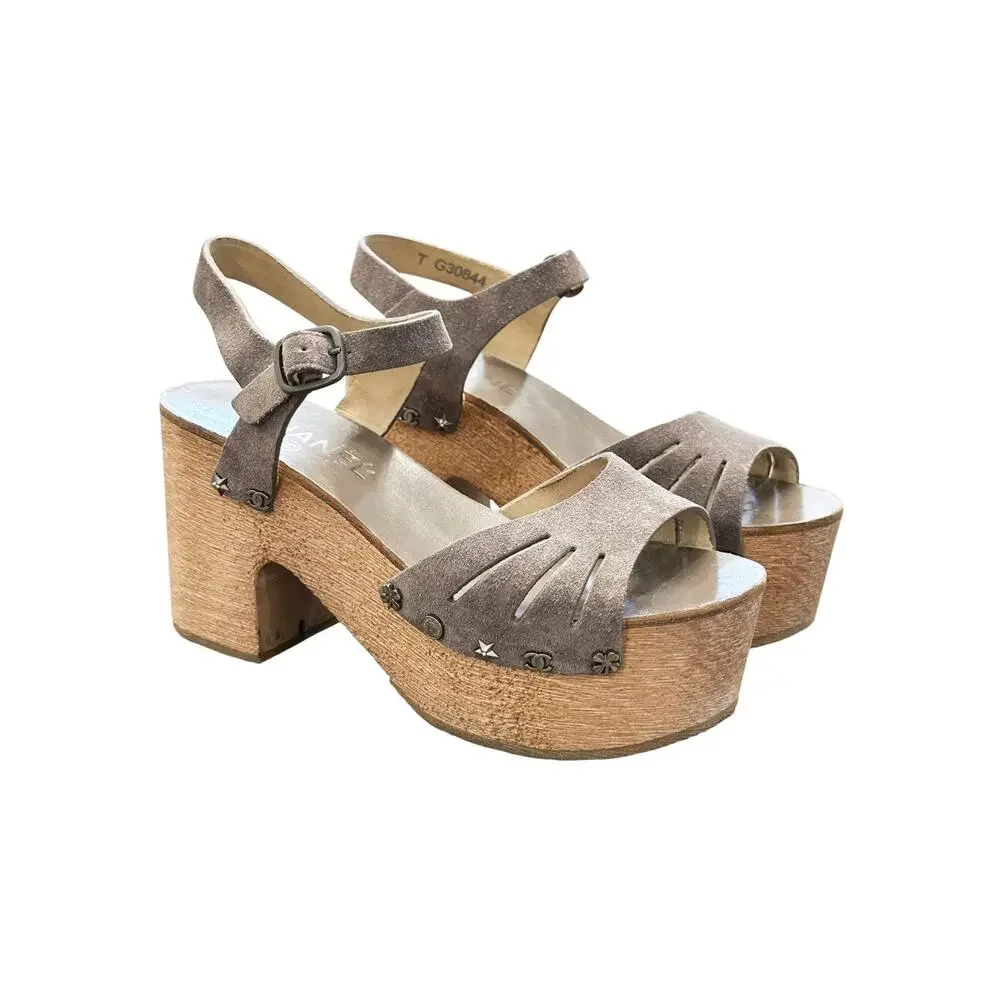Chanel Lucky Charms Gray Suede CC Wood Platform Sandals Heels Size 37